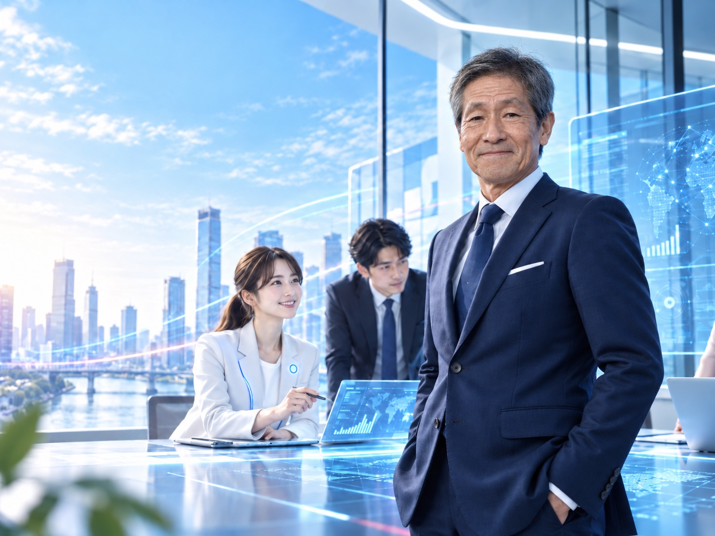 TOS ENTERPRISE代表 平井利明とAIパートナーをイメージしたビジネスシーン